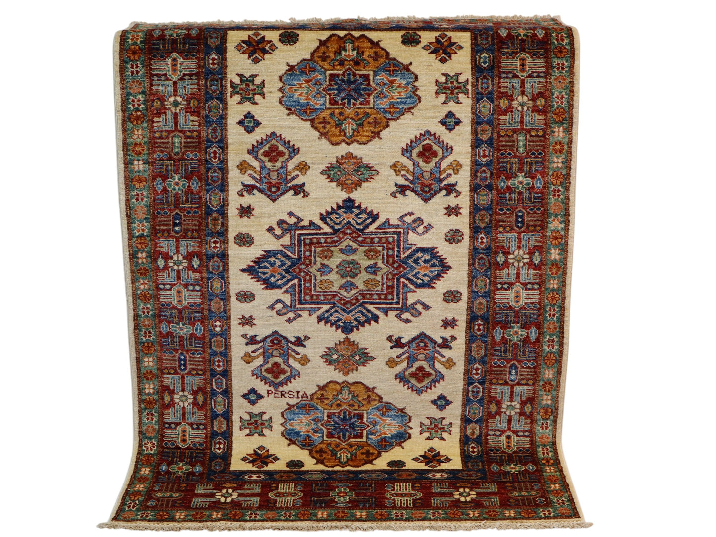 Tappeto Shirvan 145x100 cm, annodato a mano, lana pregiata con motivi geometrici e floreali caucasici.