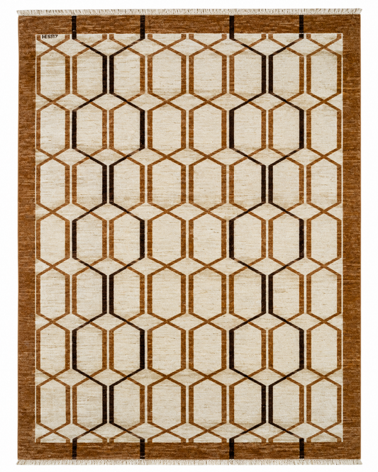 Tappeto 227x180 cm beige e marrone con motivo geometrico per soggiorno elegante.