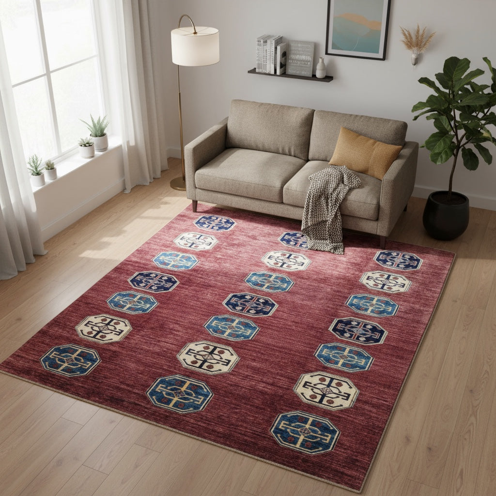 Tappeto Moderno 248x255 cm rosso, con disegno geometrico, annodato a mano in Afghanistan con cotone e lana vegetale, certificato di autenticità incluso.