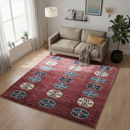 Tappeto Moderno 248x255 cm rosso, con disegno geometrico, annodato a mano in Afghanistan con cotone e lana vegetale, certificato di autenticità incluso.