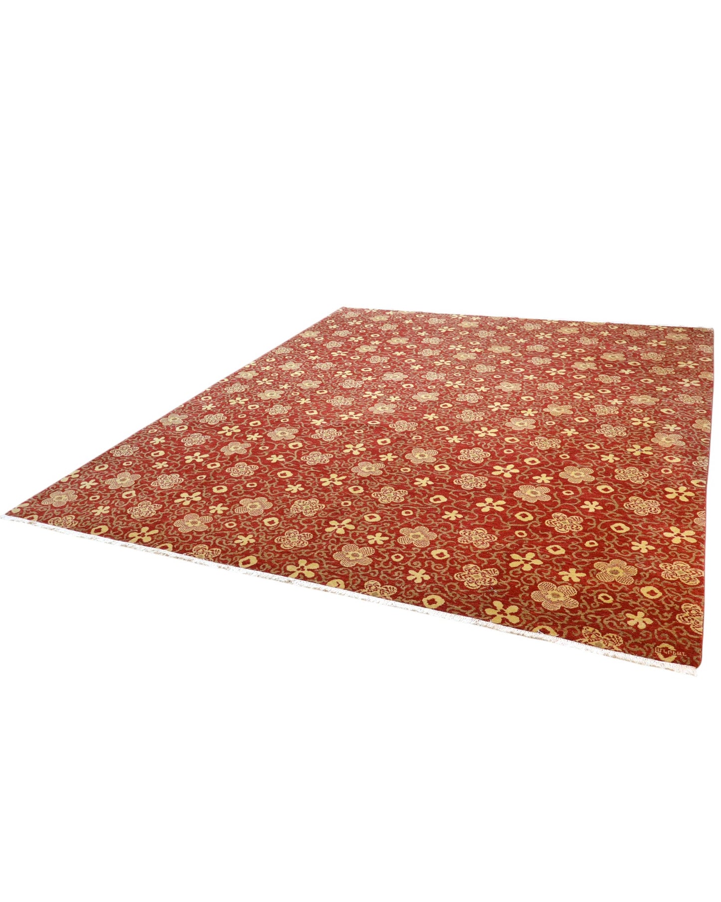 Tappeto Moderno 349x282 cm annodato a mano con fondo rosso e motivi floreali chiari.