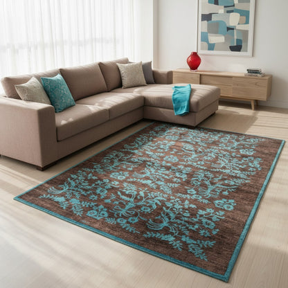 "Tappeto Moderno marrone con fiori turchesi ripetuti, 282x202 cm."