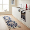 Tappeto Nain 208x63 cm, corridore persiano annodato a mano in lana e seta, fondo blu con motivi floreali avorio.