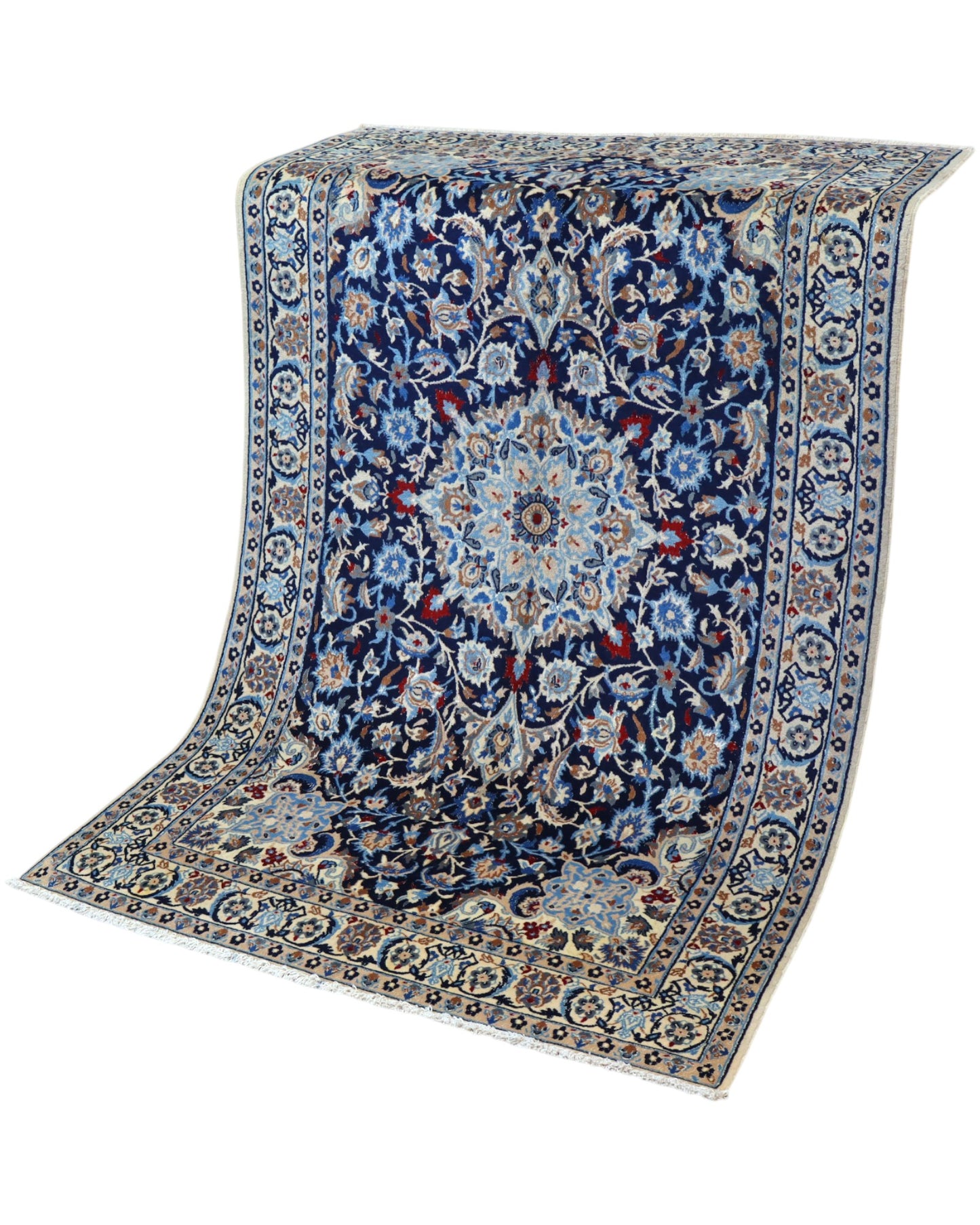 Tappeto Nain 9 fili 191x120 cm annodato a mano, rettangolare, in lana e cotone con colori vegetali, design floreale persiano su fondo blu scuro.