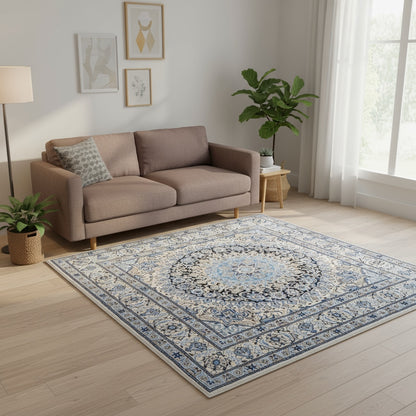 Tappeto Nain annodato a mano, medaglione floreale blu, avorio e nero. Trama in cotone, vello in lana e seta. Provenienza Persia, certificato di autenticità incluso.