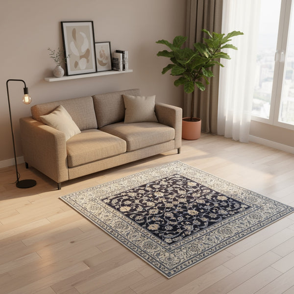 Tappeto Nain persiano, blu intenso con motivi floreali in avorio e azzurro pallido, annodato a mano, 202x195 cm.