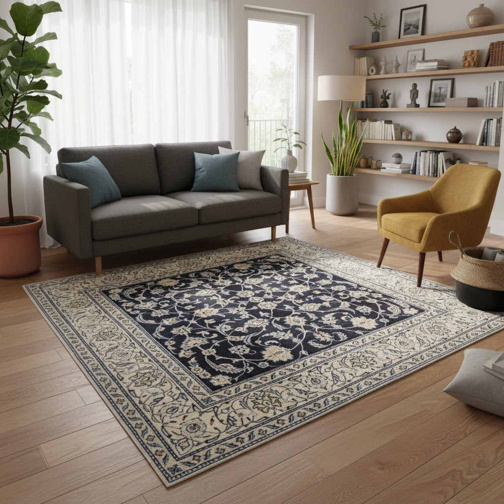 Tappeto Nain persiano, blu intenso con motivi floreali in avorio e azzurro pallido, annodato a mano, 202x195 cm.