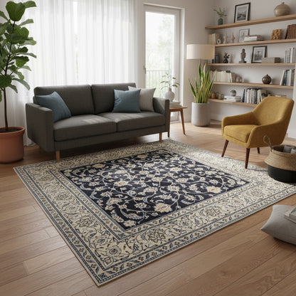 Tappeto Nain persiano, blu intenso con motivi floreali in avorio e azzurro pallido, annodato a mano, 202x195 cm.