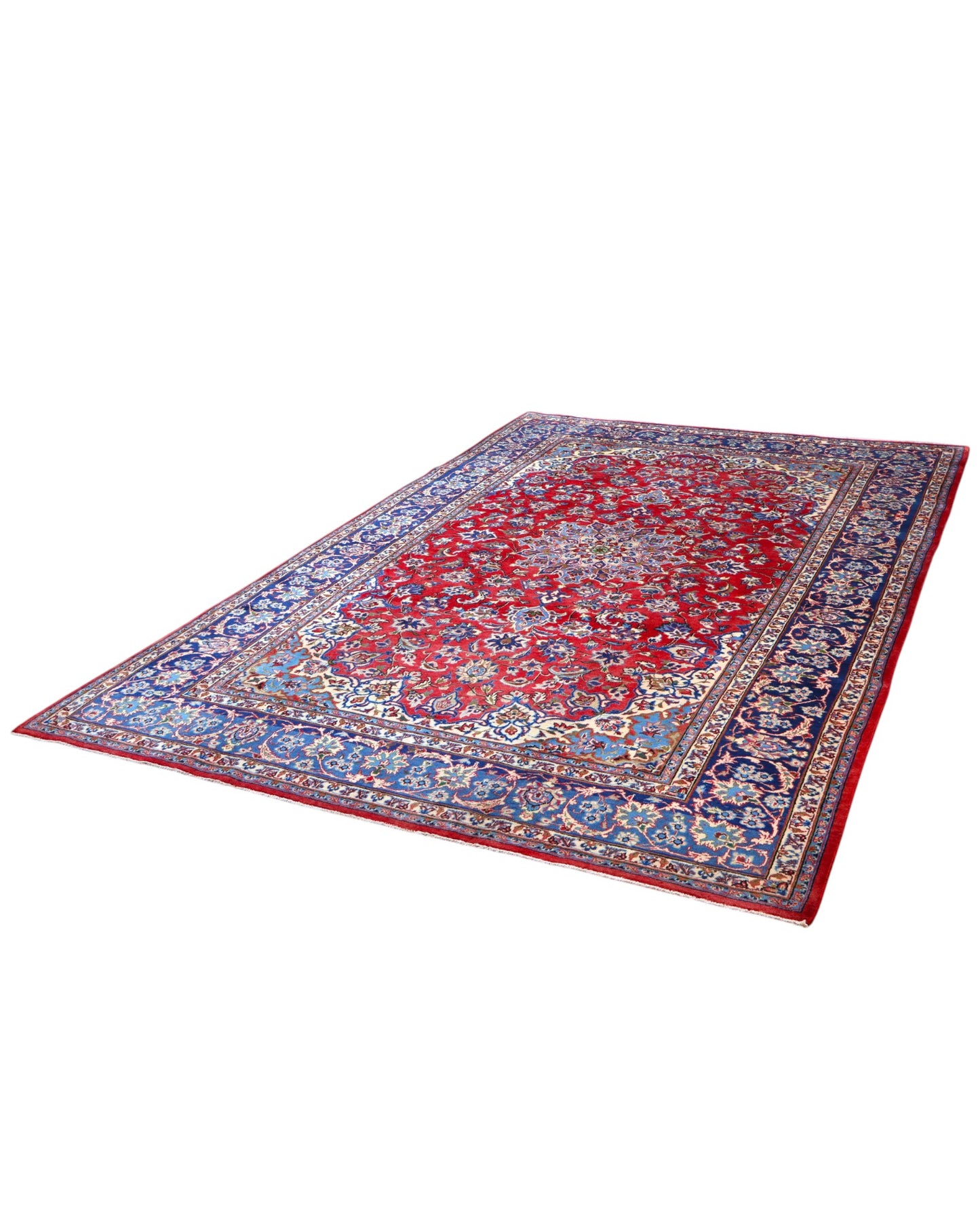 Tappeto Najafabad persiano 350x231 cm, annodato a mano in lana e cotone con colori vegetali, fondo rosso e dettagli blu e avorio.