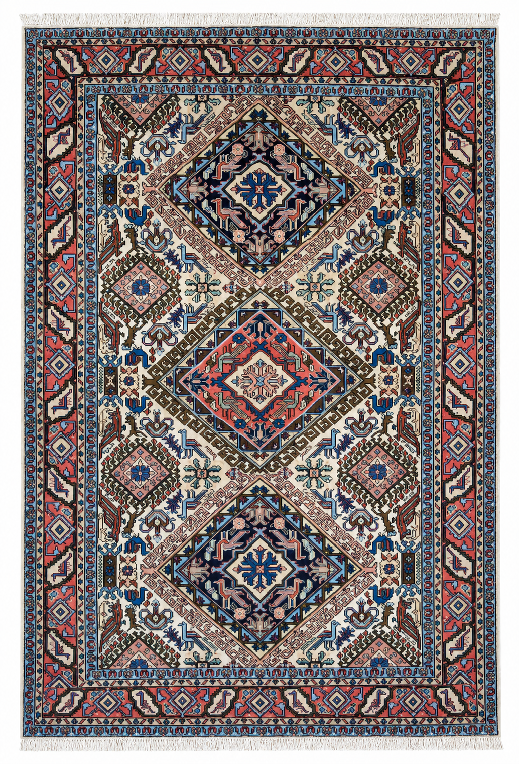 Tappeto 194x133 cm avorio blu e rosa con motivo geometrico per soggiorno elegante.