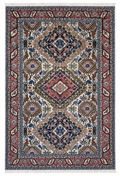 Tappeto 194x133 cm avorio blu e rosa con motivo geometrico per soggiorno elegante.