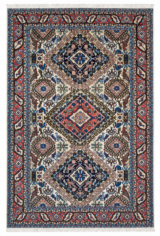 Tappeto 194x133 cm avorio blu e rosa con motivo geometrico per soggiorno elegante.