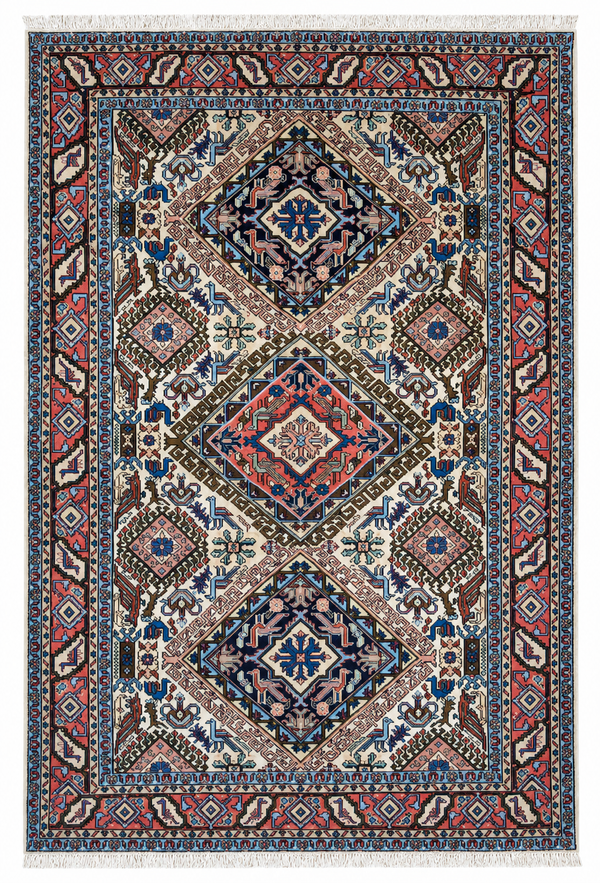 Tappeto 194x133 cm avorio blu e rosa con motivo geometrico per soggiorno elegante.