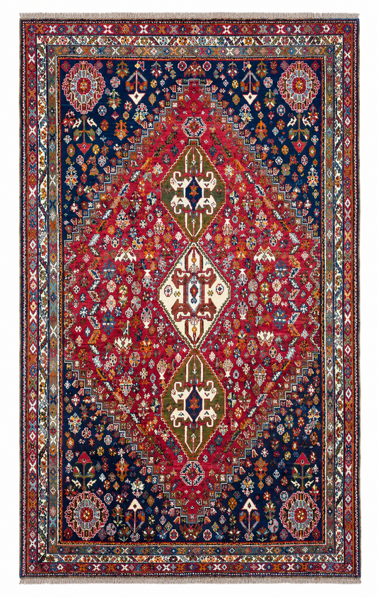 Tappeto 283x180 cm rosso e blu con motivo geometrico per soggiorno elegante.