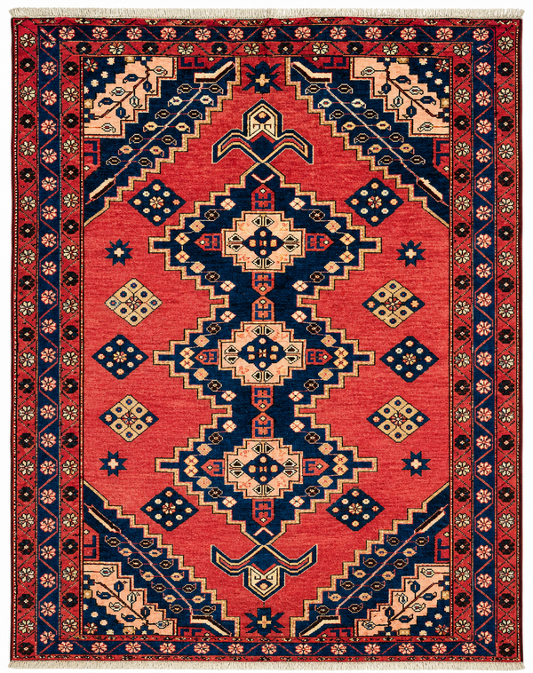 Tappeto 190x150 cm rosso corallo e blu con motivo geometrico per soggiorno elegante.
