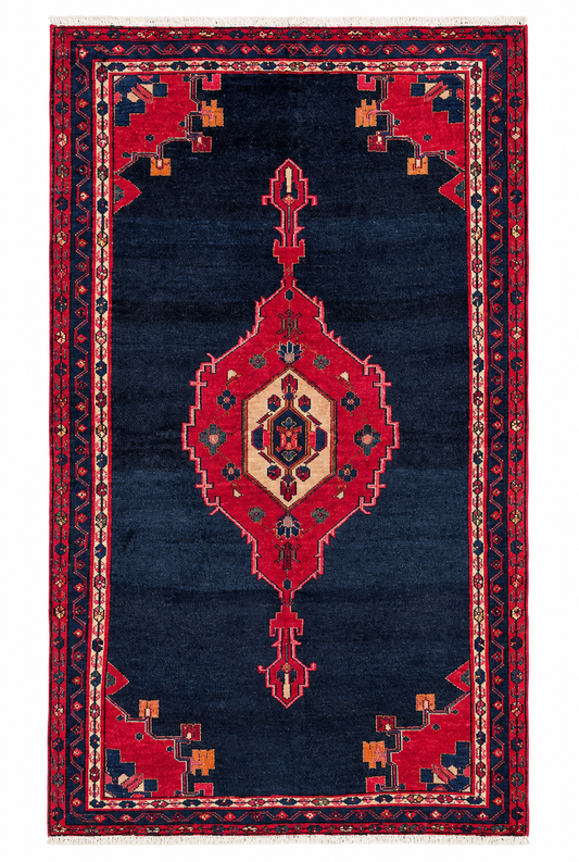 Tappeto 200x119 cm blu notte e rosso con medaglione per ingresso elegante.