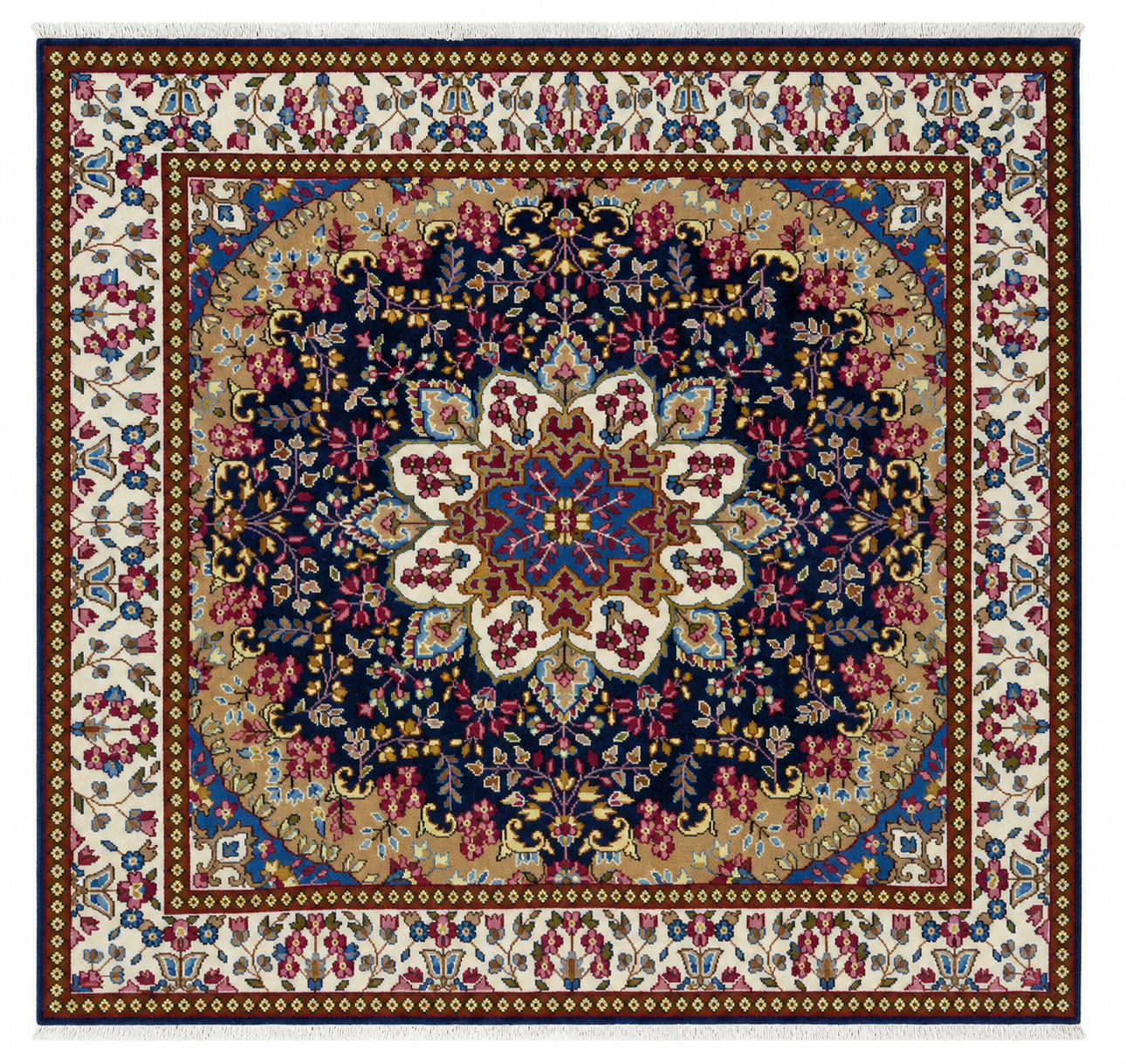 Tappeto 197x187 cm blu e avorio con medaglione floreale per soggiorno elegante.
