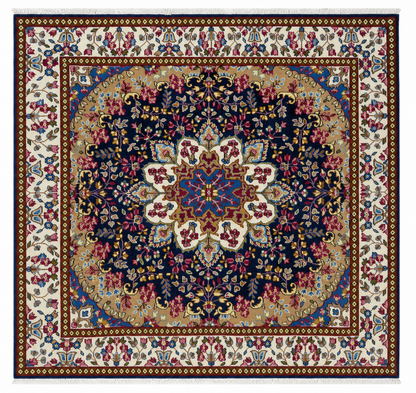 Tappeto 197x187 cm blu e avorio con medaglione floreale per soggiorno elegante.