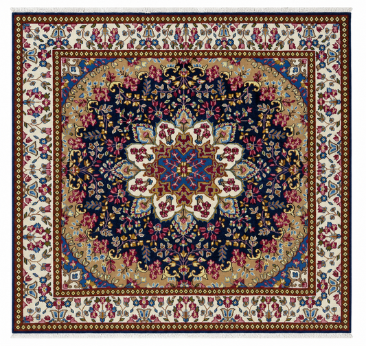 Tappeto 197x187 cm blu e avorio con medaglione floreale per soggiorno elegante.
