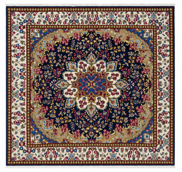 Tappeto 197x187 cm blu e avorio con medaglione floreale per soggiorno elegante.