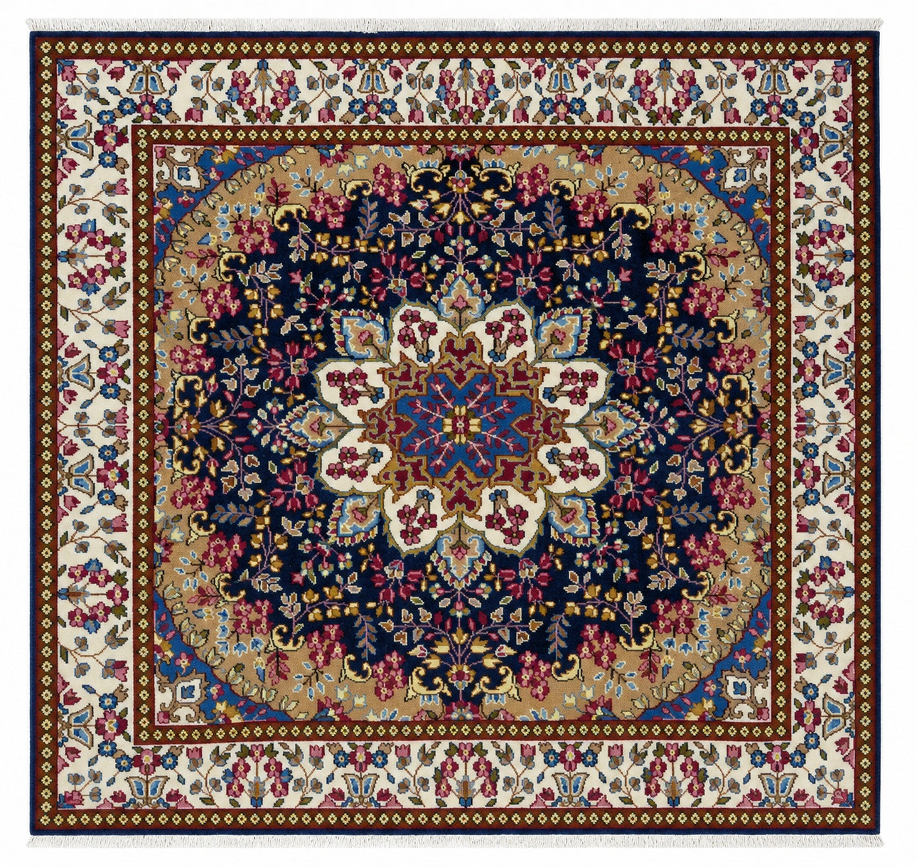 Tappeto Persiano Kerman 197x187 cm Blu Avorio e Beige Floreale
