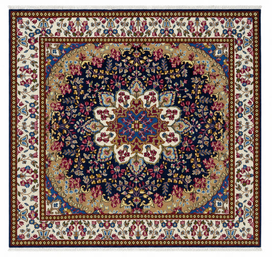 Tappeto Persiano Kerman 197x187 cm Blu Avorio e Beige Floreale