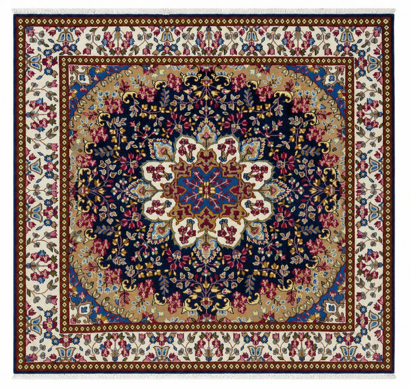 Tappeto Persiano Kerman 197x187 cm Blu Avorio e Beige Floreale