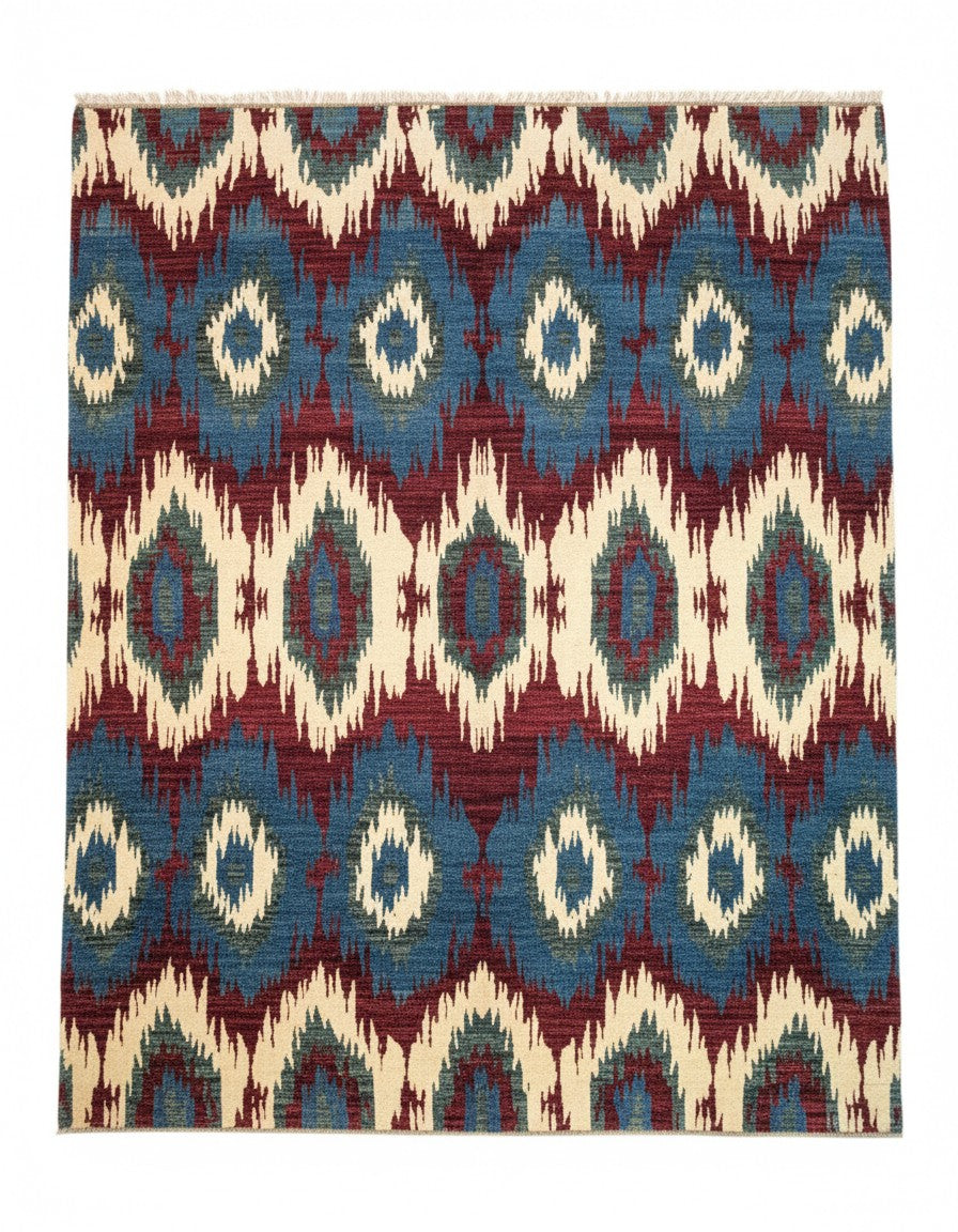 Tappeto 283x232 cm blu e bordeaux con motivo geometrico per soggiorno elegante.