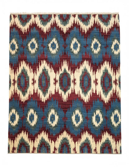 Tappeto 283x232 cm blu e bordeaux con motivo geometrico per soggiorno elegante.