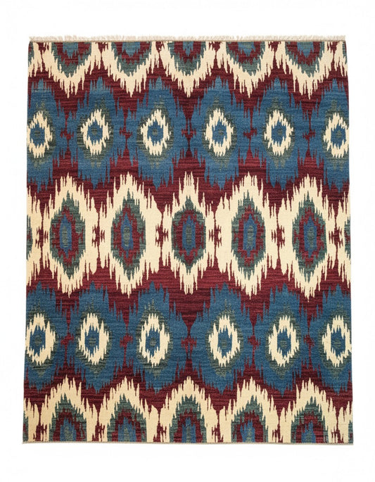 Tappeto 283x232 cm blu e bordeaux con motivo geometrico per soggiorno elegante.