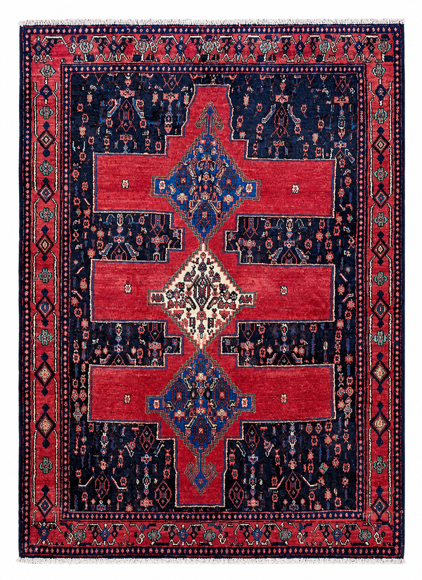 Tappeto 175x124 cm blu notte e rosso con motivo geometrico per soggiorno elegante.