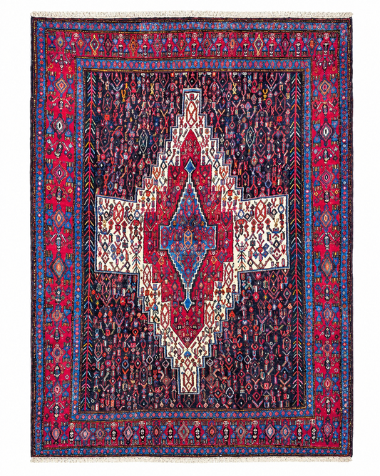 Tappeto 211x166 cm blu scuro rosso e avorio con medaglione per soggiorno elegante.