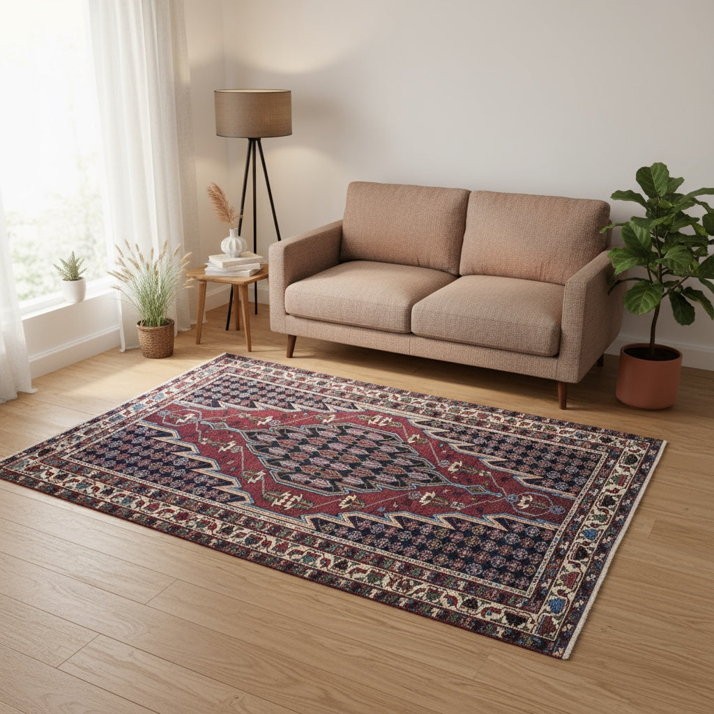 Tappeto Save rettangolare 200x135 cm, fondo marrone bruciato con motivo geometrico, annodato a mano in lana e cotone con colori vegetali, provenienza Persia.