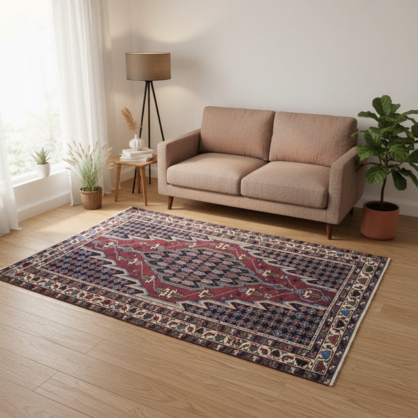 Tappeto Save rettangolare 200x135 cm, fondo marrone bruciato con motivo geometrico, annodato a mano in lana e cotone con colori vegetali, provenienza Persia.