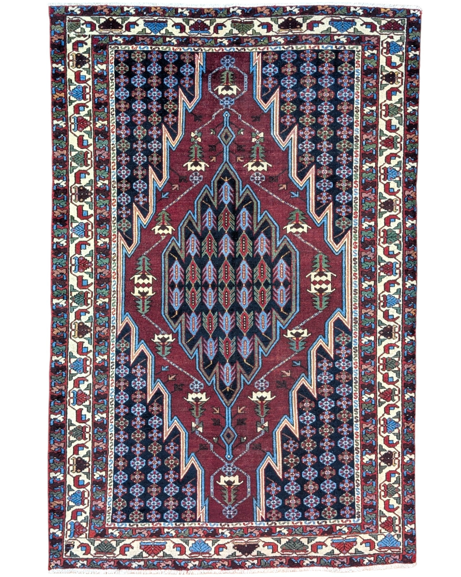 Tappeto Save rettangolare 200x135 cm, fondo marrone bruciato con motivo geometrico, annodato a mano in lana e cotone con colori vegetali, provenienza Persia.