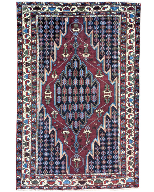 Tappeto Save rettangolare 200x135 cm, fondo marrone bruciato con motivo geometrico, annodato a mano in lana e cotone con colori vegetali, provenienza Persia.