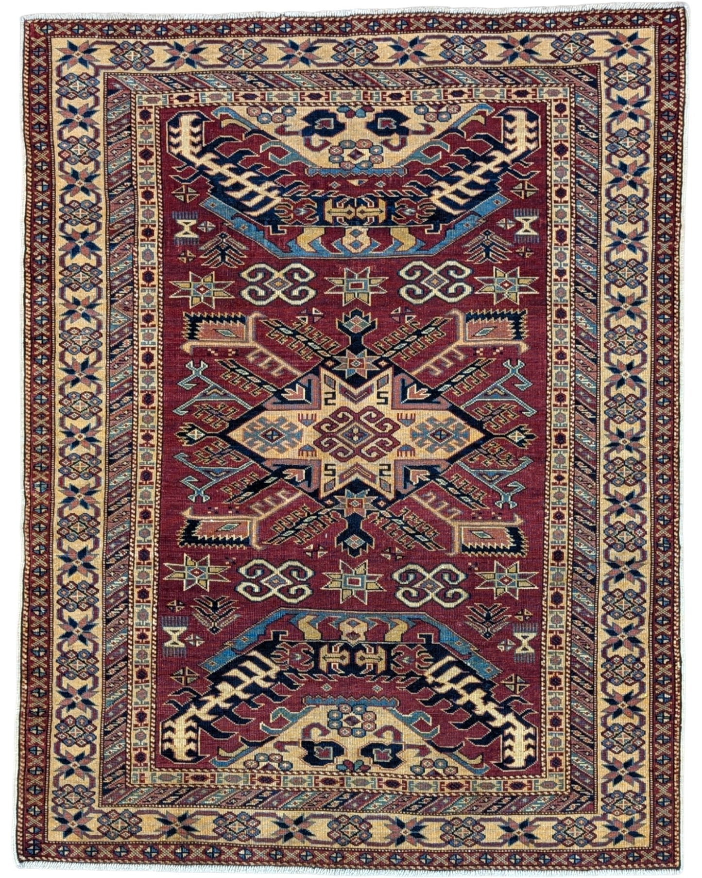 Tappeto Shirvan Afghan 163x127 cm annodato a mano, rettangolare, fondo rosso con motivi geometrici, realizzato in cotone e lana con colori vegetali.