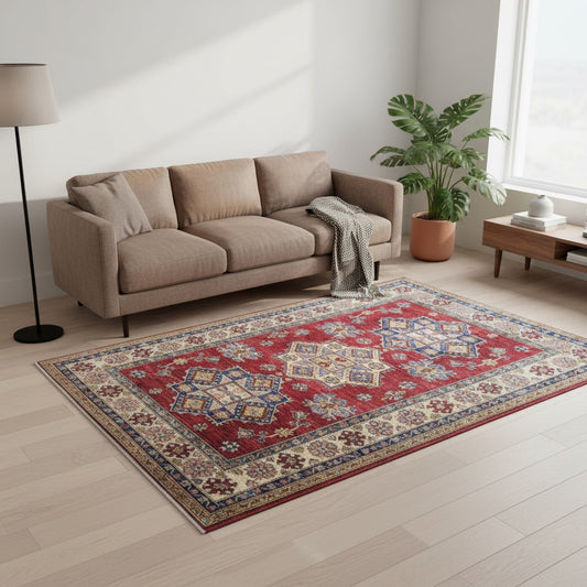 Tappeto Shirvan 174x238 cm, annodato a mano in Afghanistan, fondo rosso con motivi geometrici beige e marrone, lana pregiata e cotone resistente, certificato di autenticità incluso.