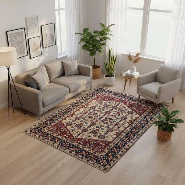 Tappeto Shirvan 189x146 cm, annodato a mano in Afghanistan, fondo mattone con medaglione esagonale in blu e ocra, lana pregiata e cotone resistente, certificato di autenticità incluso.