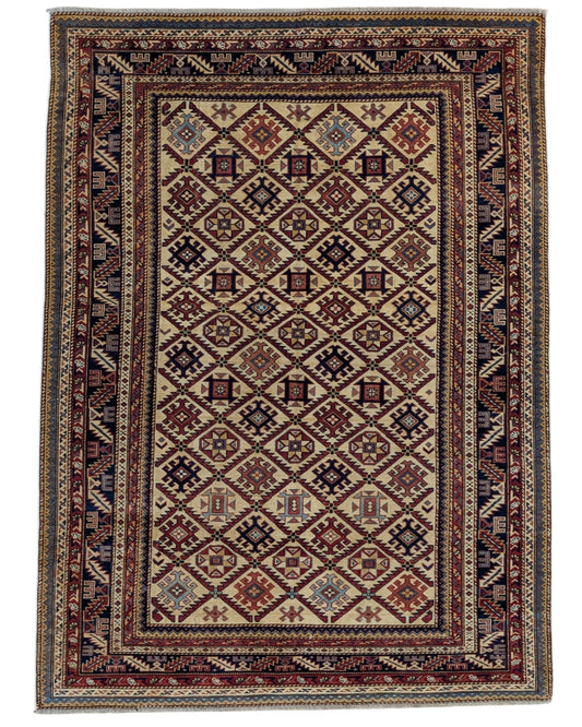 Tappeto Shirvan 198x146 cm, annodato a mano, lana e colori vegetali, motivi geometrici a rombi, artigianato caucasico.