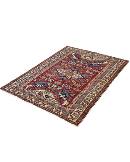 Tappeto Shirvan Afghan 163x127 cm annodato a mano, rettangolare, fondo rosso con motivi geometrici, realizzato in cotone e lana con colori vegetali.