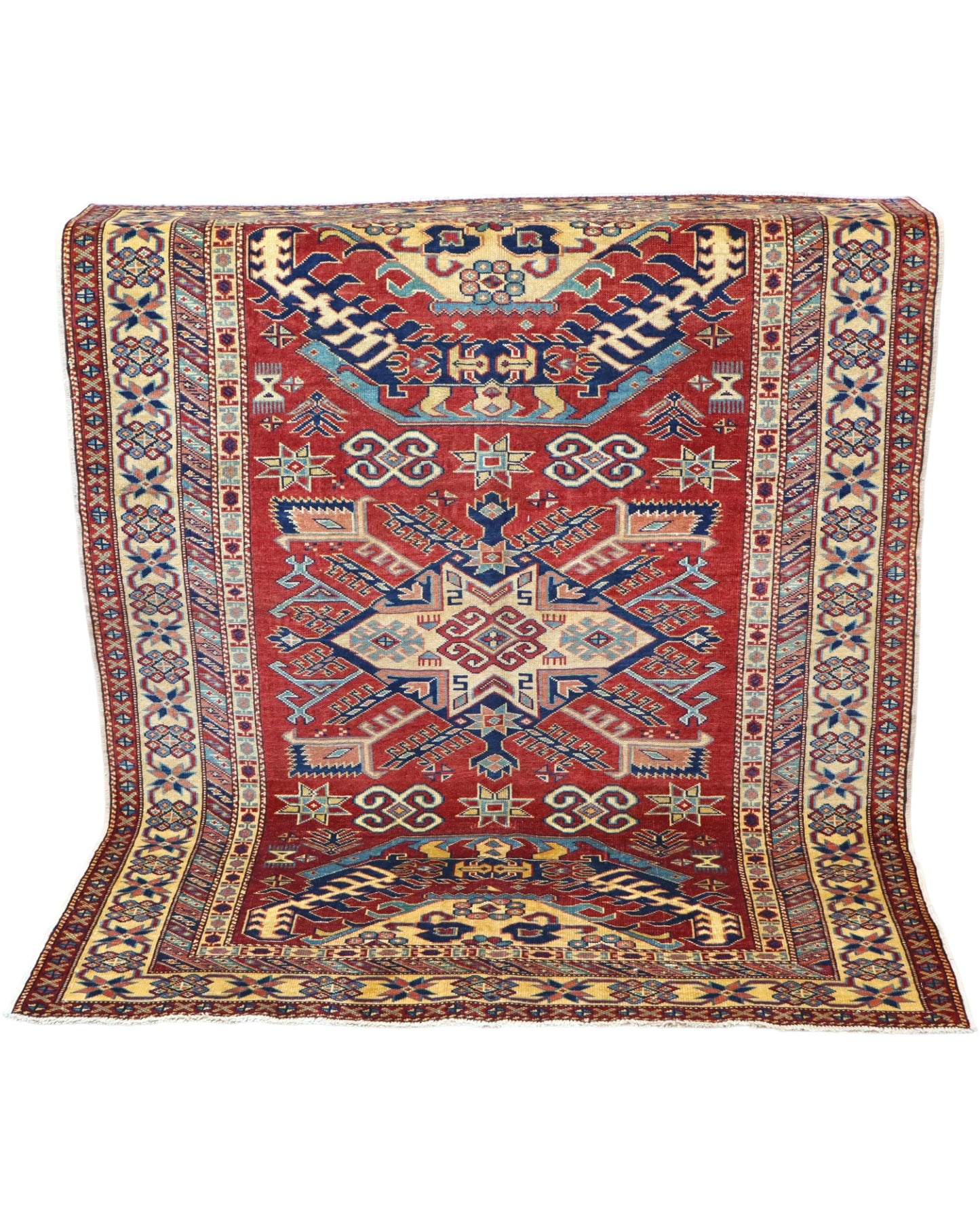 Tappeto Shirvan Afghan 163x127 cm annodato a mano, rettangolare, fondo rosso con motivi geometrici, realizzato in cotone e lana con colori vegetali.