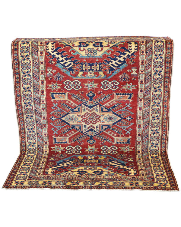 Tappeto Shirvan Afghan 163x127 cm annodato a mano, rettangolare, fondo rosso con motivi geometrici, realizzato in cotone e lana con colori vegetali.