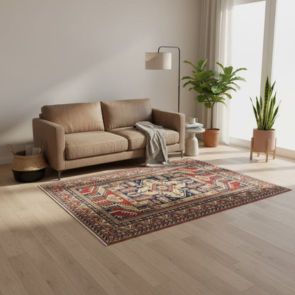 Tappeto Shirvan afghano annodato a mano, 177x145 cm, in lana con motivo geometrico su fondo rosso intenso, realizzato con colori vegetali e certificato di autenticità.