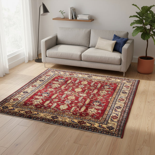 Tappeto Shirvan annodato a mano, motivi geometrici e floreali stilizzati, colori intensi di rosso, blu, beige e verde. Provenienza Afghanistan, certificato di autenticità incluso.