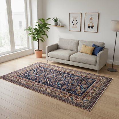 Tappeto Shirvan rettangolare 198x150 cm, fondo blu con cornice beige e motivo geometrico, annodato a mano in lana con colori vegetali, provenienza Afghanistan.