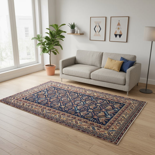 Tappeto Shirvan rettangolare 198x150 cm, fondo blu con cornice beige e motivo geometrico, annodato a mano in lana con colori vegetali, provenienza Afghanistan.