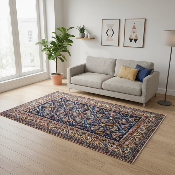 Tappeto Shirvan rettangolare 198x150 cm, fondo blu con cornice beige e motivo geometrico, annodato a mano in lana con colori vegetali, provenienza Afghanistan.