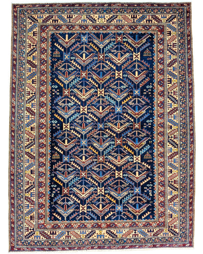 Tappeto Shirvan rettangolare 198x150 cm, fondo blu con cornice beige e motivo geometrico, annodato a mano in lana con colori vegetali, provenienza Afghanistan.
