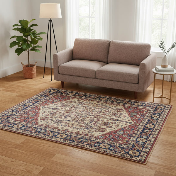 Tappeto Shirvan rettangolare 210x150 cm, fondo beige con cornice blu e motivo geometrico centrale, annodato a mano in lana con colori vegetali, provenienza Afghanistan